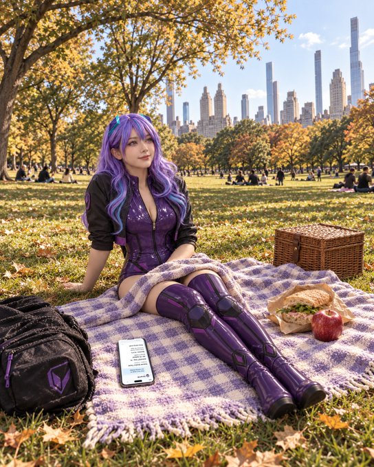 An anime-style illustration of a woman with long purple hair in a purple outfit and thigh-high boots sitting on a picnic blanket in a park with autumn foliage and a city skyline in the background.