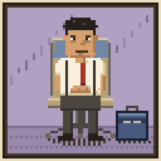 Pixel art animation of a nervous-looking businessman with a mustache, white shirt, red tie, and suspenders sitting on a chair next to a blue briefcase.