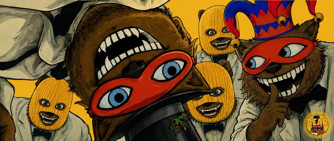 A colorful cartoon illustration showing multiple bear characters wearing red domino masks, with one dressed as a jester, set against a bright yellow background with a 'BEAR' logo.