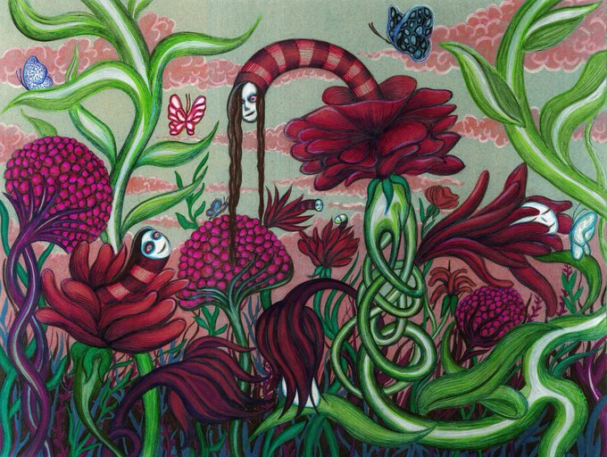 A vibrant, surreal illustration featuring intertwined flowers in shades of pink, red, and green, with small faces, eyes, and butterflies hidden among the foliage against a pink cloudy sky.