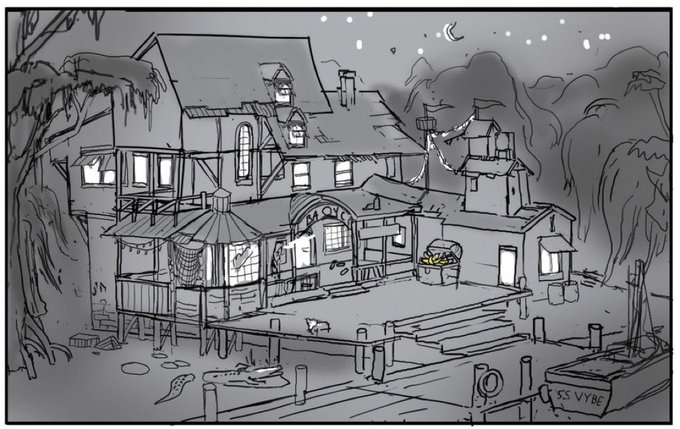 The image features a black and white line drawing of a house with a porch, situated near a dock or pier. There are two boats visible in the scene - one located closer to the left side of the image and another further away on the right side. The house appears to be a small building with an open roof, possibly a club or a residential area. The drawing is accompanied by text that reads "Bored Ape Yacht Club".