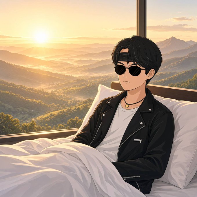 An anime illustration shows a young man with black hair wearing sunglasses, a black leather jacket over a white shirt, and a pendant necklace, sitting up in bed against white pillows with a stunning mountain sunset view through the window behind him.