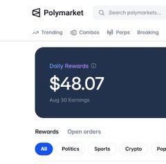 A screenshot of the Polymarket interface showing Daily Rewards of $48.07 from Aug 30 Earnings, with navigation tabs for Politics, Sports, and Crypto visible.