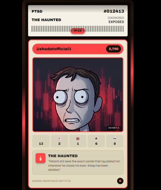 A digital trading card or collectible item labeled 'PTSD' #012413, titled 'THE HAUNTED' with 'DIAGNOSED EXPOSED', featuring a cartoon man with wide eyes and the quote 'Patient still sees the exact candle that liquidated him whenever he closes his eyes. Sleep has been delisted.' from 'DEGENS ANONYMOUS INSTITUTE'.