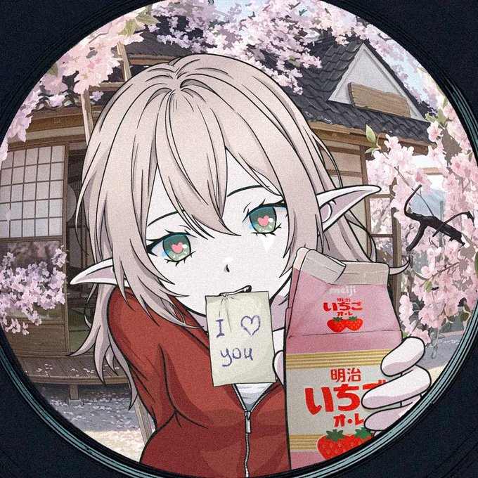 An anime elf girl with heart-shaped pupils holds up a Meiji strawberry milk carton while sipping from a "I ❤ you" juice pouch, with cherry blossoms and a traditional Japanese building in the background. The image appears to reveal a custom vinyl record design dedicated to the artist @momoyumemi, fitting the post's "mint" (new/undiscovered) announcement.