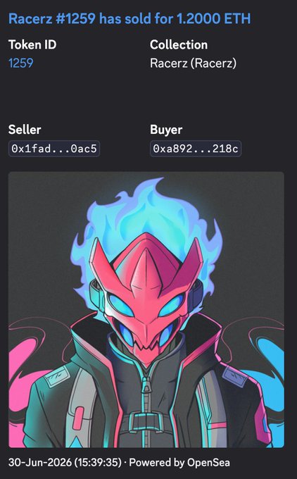 A screenshot of an OpenSea NFT sale shows "Racerz #1259" from the "Racerz (Racerz)" collection selling for 1.2000 ETH on June 30, 2026, featuring a character with a glowing pink/magenta mask surrounded by blue flames, aligning with the post celebrating the "SPARK" NFT's 1.2 ETH sale.