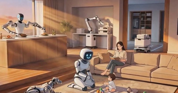 An illustration shows a futuristic domestic scene where robots assist a woman and child in a modern living room, with robotic arms in the kitchen and a humanoid robot interacting with the toddler on the floor.