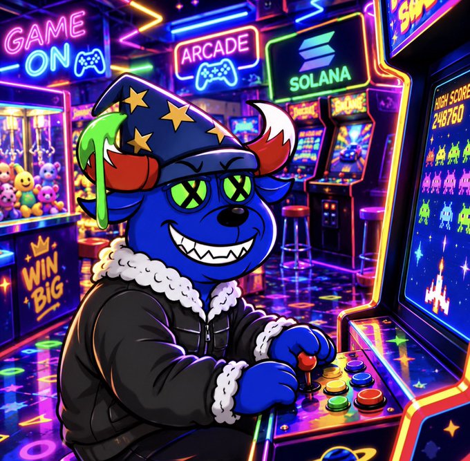 A blue cartoonish character in a wizard hat and jacket grins mischievously while operating an arcade machine, surrounded by vibrant neon signs reading "GAME ON," "ARCADE," and "SOLANA," with a high score display showing "248760" and a "WIN BIG" jackpot sign nearby — perfectly capturing the playful, winning energy of a weekend gaming session on Solana.