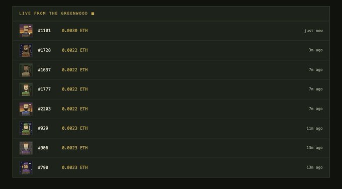 The image shows a "LIVE FROM THE GREENWOOD" sales feed displaying recent NFT transactions in ETH, with various pixel-art characters (#1101, #1728, #1637, #1777, #2203, #929, #906, #790) being purchased at prices ranging from 0.0022 to 0.0030 ETH within the last 13 minutes. This real-time activity log supports the post announcing that sales are live on merrymennft.xyz and that the project is working on their sales X (Twitter) account.