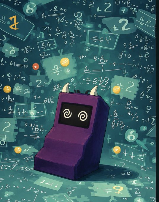 A purple arcade machine with hypnotic spiral eyes sits overwhelmed by a chaotic swirl of floating numbers, equations, and symbols, visually representing the $PRINTER "printing" math into the void.

The post's reference to "too much printing" and "the MACHINE warming up" is directly illustrated by the arcade-style printing machine surrounded by endless floating numbers and calculations—suggesting the financial "printing press" is firing up to spew out an overwhelming flood of monetary output.