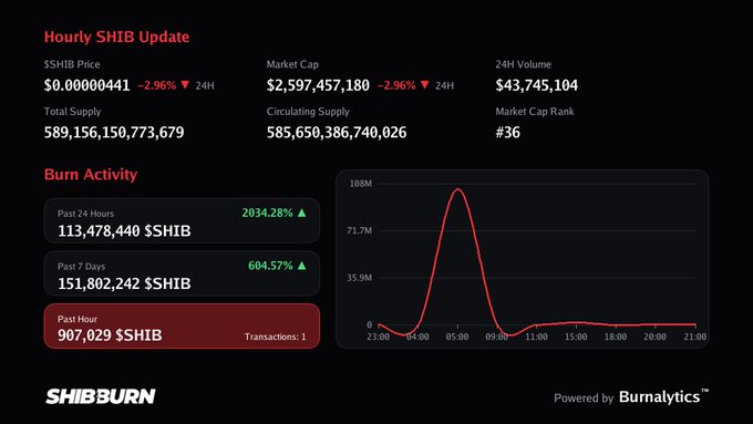 SHIB Burn dashboard showing SHIB price at $0.00000441 (-2.96%), market cap of $2,597,457,180, and burn activity with 907,029 $SHIB burned in the past hour, powered by Burnalytics.