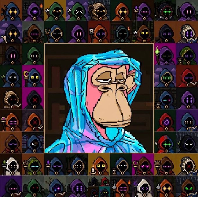 A pixel-art collage featuring a central character with blue hair surrounded by a grid of smaller hooded figures with glowing eyes in various colors.