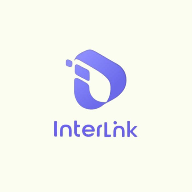 A purple logo for 'InterLink' featuring a stylized 'U' shape with small circular accents.