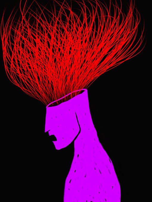 The image features a purple figure with red hair, standing against a black background. The figure has a large, open head that appears to be radiating energy or emitting light from within. The figure's face is prominently displayed, making it the central focus of the image. The overall composition and color scheme create an intriguing and thought-provoking visual experience for viewers.