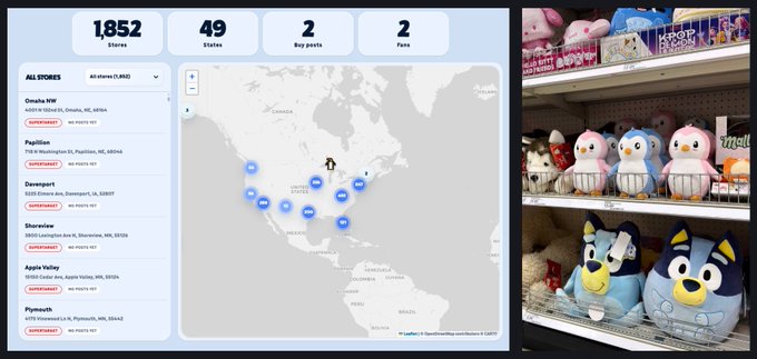 The image shows a store locator dashboard indicating 1,852 stores, 49 states, 2 key points, and 2 fans for Pudgy Penguins, alongside a photo of branded plush toys on store shelves. This visually supports the post's claim that Pudgy Penguins are now available in 1,800+ Target locations with new plushies.