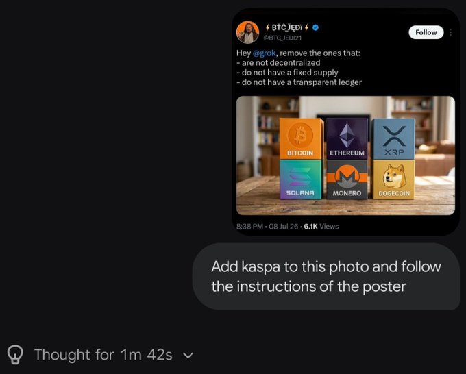 The image shows a tweet from @BTC_JEDI21 featuring a photo of six crypto boxes (Bitcoin, Ethereum, XRP, Solana, Monero, and Dogecoin), with a prompt asking to "Add Kaspa to this photo and follow the instructions of the poster," which include removing coins that aren't decentralized, don't have a fixed supply, or lack a transparent ledger—aligning with the post's argument that Kaspa, like Bitcoin, meets these criteria.