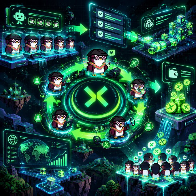 A vibrant pixel-art style illustration depicts a circular flow of characters with green arrows, surrounded by digital interfaces, charts, and floating icons.