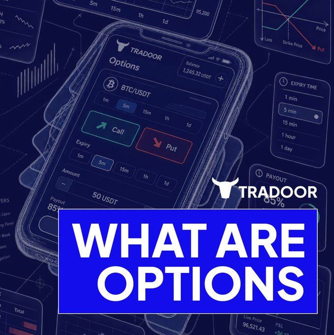 A promotional graphic with the text 'TRADOOR' and 'WHAT ARE OPTIONS' overlaid on a mobile app interface for trading.