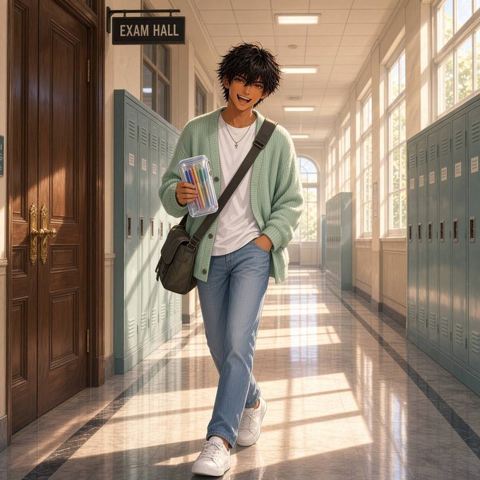 An anime-style illustration of a smiling young man with black hair walking down a school hallway lined with lockers, carrying colored pencils and wearing a green cardigan.