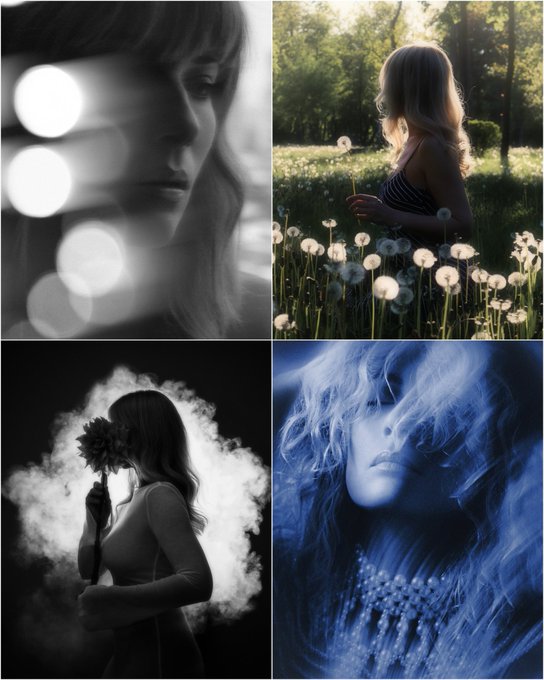 A 2x2 grid of artistic photos featuring a woman: top-left shows a close-up with bokeh lights, top-right shows her in a dandelion field, bottom-left shows a silhouette with flowers against dark clouds, and bottom-right is a blue-tinted ethereal portrait.