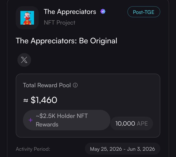 The image shows a screenshot of an Appreciators account, which displays a list of rewards earned by the user. The account has been inactive for over two days (from May 25, 2016 to June 3, 2016), indicating that the user is now partaking in a new campaign. The post mentions a new hashtag (#Appreciators) and an activity period from May 25, 2016 to June 3, 2016. The text "The Appreciators; Be Original!" also appears in the image, implying that the rewards are exclusive to those who actively participate in the account's #Appreciators Campaign on this specific date.