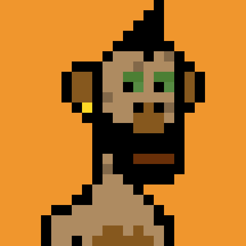 An 8-bit pixel art image of a monkey character with green eyes and a black hat standing against an orange background.