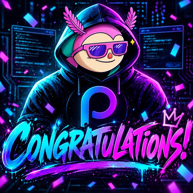 A neon cyberpunk cartoon character in a hoodie and sunglasses appears behind large graffiti-style text reading “CONGRATULATIONS!” The image celebrates @0xpromuro’s win of a Genesis Bugz NFT and the creativity of introducing DIVIT to another NFT community.