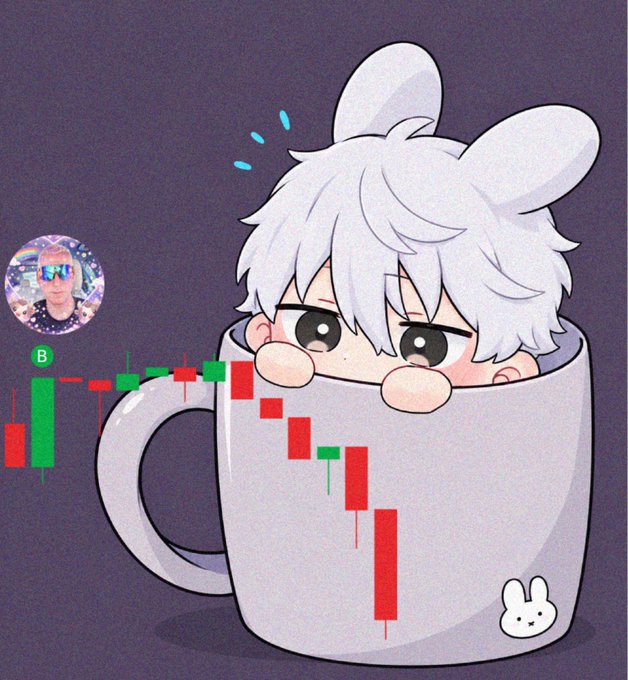 A cartoon illustration shows a chibi-style white-haired bunny character peeking out of a white mug, with red and green candlestick chart bars and a profile picture with sunglasses overlaid.