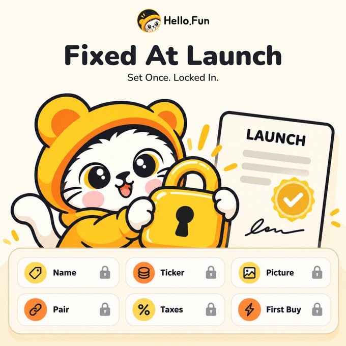 A Hello.Fun promotional graphic titled 'Fixed At Launch - Set Once. Locked In.' features a cute cat mascot holding a padlock next to a 'LAUNCH' certificate, with locked features listed: Name, Ticker, Picture, Pair, Taxes, and First Buy.