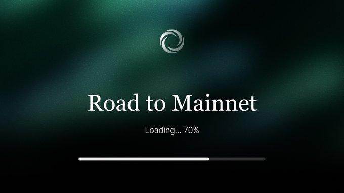 A loading screen titled 'Road to Mainnet' with a progress bar at 70% and a spinning logo icon.