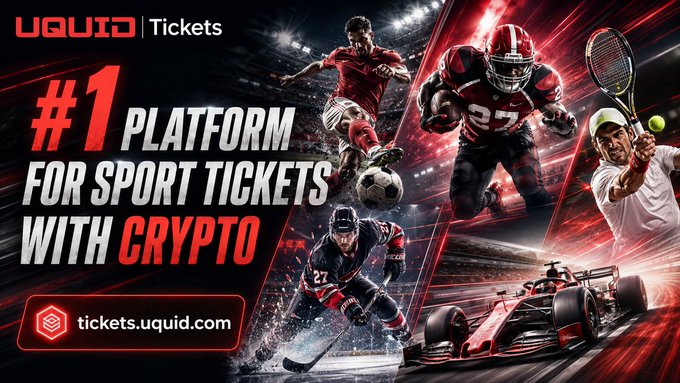 Sports marketing banner for 'UQUID Tickets' advertising the '#1 PLATFORM FOR SPORT TICKETS WITH CRYPTO' at tickets.uquid.com, featuring action shots of soccer, American football, tennis, hockey, and Formula 1 athletes.