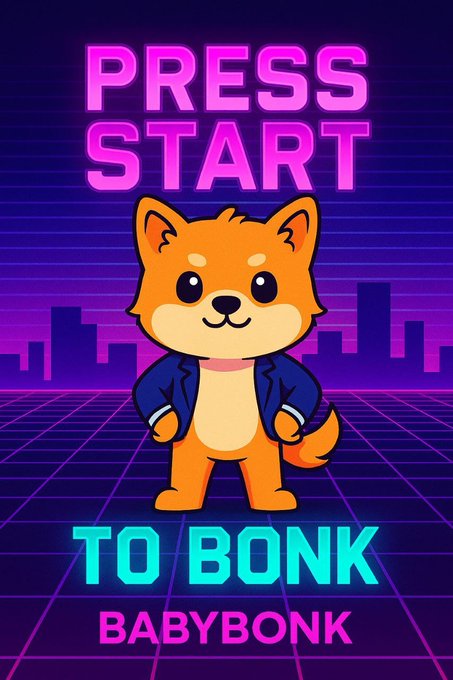 A retro-style graphic featuring a cartoon Shiba Inu dog in a blue jacket with neon text reading 'PRESS START TO BONK BABYBONK' against a purple grid background.