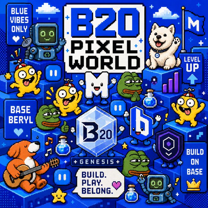 A pixel-art style promotional graphic featuring "B20 PIXEL WORLD" branding with various mascots (dogs, frogs, robots), a central "B20 GENESIS" crystal, and slogans like "BLUE VIBES ONLY," "BASE BERYL," and "BUILD ON BASE," visually framing B20 tokens as the next emerging crypto meta on the Base blockchain.

The image's "Build. Play. Belong." tagline and pixel-game aesthetic reinforce the post's thesis that B20 is a new speculative trend worth hunting for breakout winners like past meta leaders ($ORDI, $BRETT, $BONK).