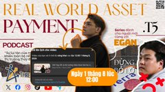 The image is a podcast thumbnail for "Real World Asset Payment," episode 15, airing at 12:00, featuring photos of two speakers with visible names "Elango" and "Dung Duc" alongside notes about "Series Short S01" and "Three Arrows Capital" — directly matching the post's reference to a Series episode about crypto trust and the Three Arrows Capital collapse.