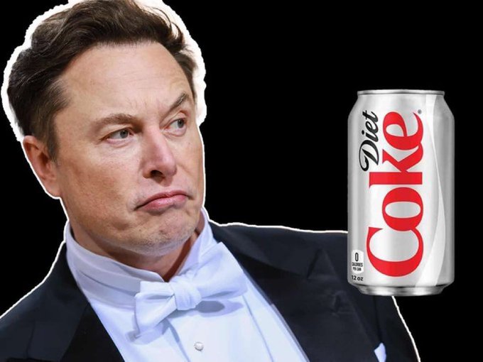 Elon Musk, known for his love of Diet Coke, is pictured alongside a 12 oz silver Diet Coke can labeled "0 calories," tying into the post's mention of his favorite drink and the $DC token inspired by it.
