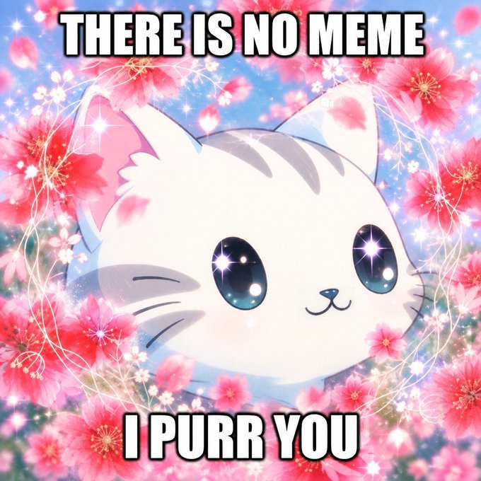 A cute anime-style white cat surrounded by pink cherry blossoms with the text 'THERE IS NO MEME' on top and 'I PURR YOU' on the bottom.