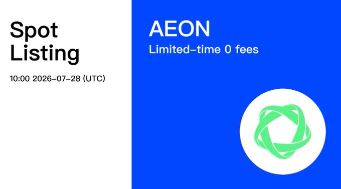 The image is a spot listing announcement from BingX for the AEON token, featuring a blue and white design with the date "10:00 2026-07-28 (UTC)" and noting "Limited-time 0 fees," accompanied by AEON's green circular logo—visually supporting the post's news that AEON is now live on BingX as a payment infrastructure for the AI agent economy.