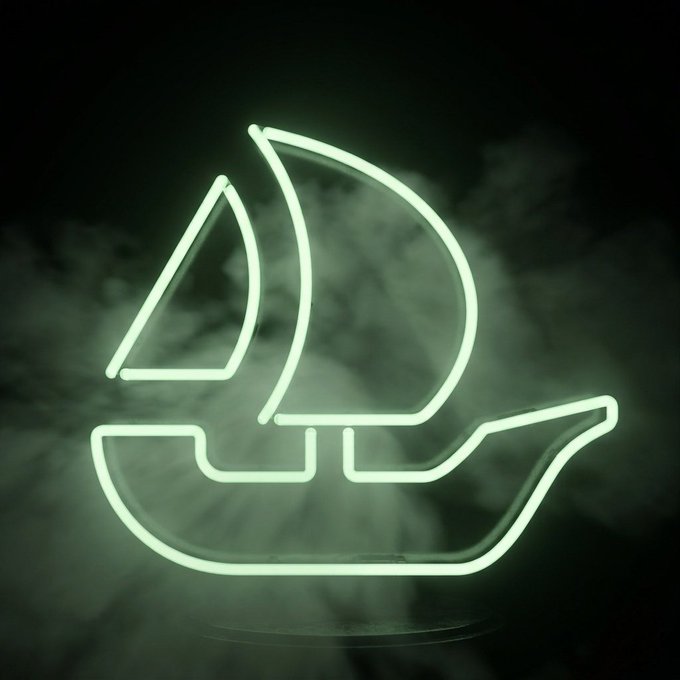 A glowing neon green sailboat icon emerges from misty darkness, symbolizing smooth sailing. The minimalist boat design visually echoes the post's praise for OpenSea's mobile app, conveying effortless navigation and seamless performance.