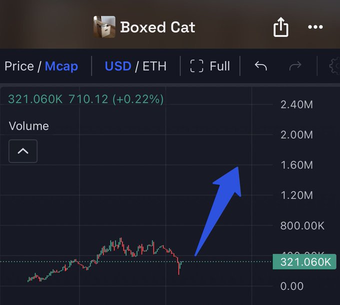 A blue arrow points upward on the price chart for "Boxed Cat" ($BOXED), highlighting the entry opportunity at 321.060K (up 0.22%) with a trading volume near 2.40M, aligning with the post's call for a "perfect entry" following a whale sell-off discount before a potential rally.