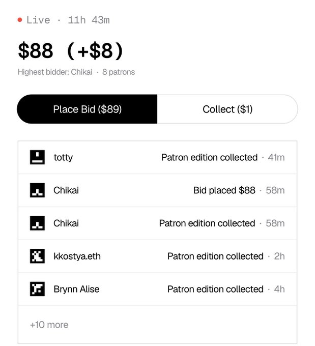 A live auction screen showing a current bid of $88 (+$8) with options to 'Place Bid ($89)' or 'Collect ($1)', listing patrons like totty, Chikai, kkostya.eth, and Brynn Alise.