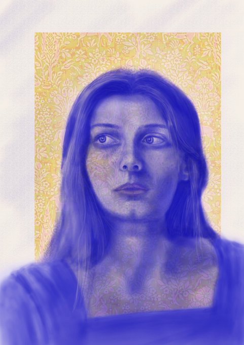 A portrait of a woman with long hair, rendered in purple tones against a yellow patterned background with floral and deer motifs.