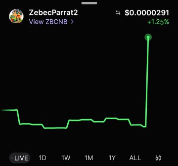 A live stock or crypto chart for 'ZebecParrt2' (ZBCNB) displays a flat green line that suddenly spikes upward at the end, showing a price of $0.0000291 with a +1.25% change.
