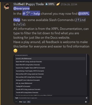 The image shows a Discord announcement from "Shiffed | Puppy Tools" announcing that the XRP Ledger Documentation Help bot in the #📚-help channel now features Slash Commands like /find and /xls to filter and search XRPL docs. This aligns with the post praising @iamshiffed's new helper bots that quickly retrieve XRPL documentation, demonstrating the bot's dropdown menu of optional XLS topics such as "Lending NFTX (Example)" for easy access to technical information.