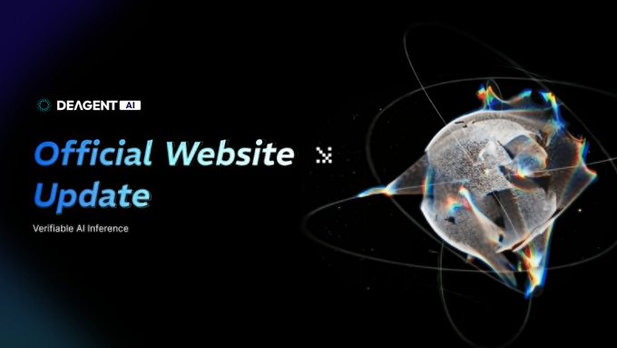 A promotional graphic for 'DEAGENT AI' announcing an 'Official Website Update' with text 'Verifiable AI Inference' and a glowing abstract logo.