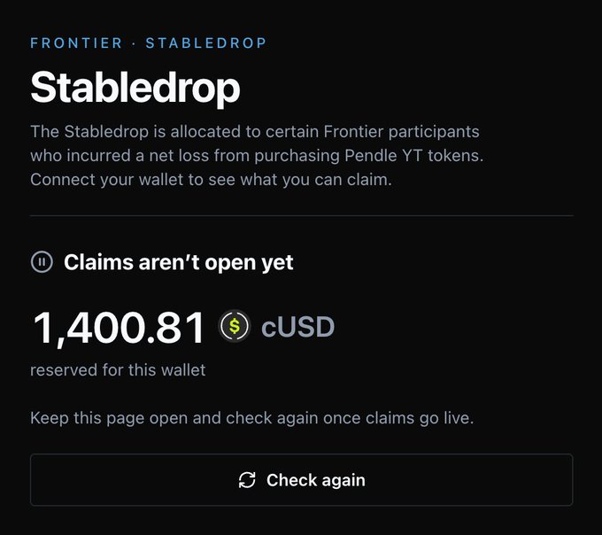 A screenshot of a 'Stabledrop' page for Frontier participants who lost money on Pendle YT tokens, showing 1,400.81 cUSD reserved for the wallet with a message that 'Claims aren't open yet'.