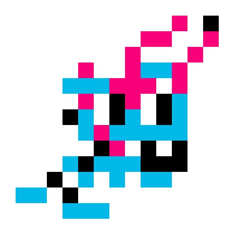 A pixel art character rendered in cyan, magenta, black, and white blocks appears to be in a dynamic pose, possibly an abstract or action-themed figure.