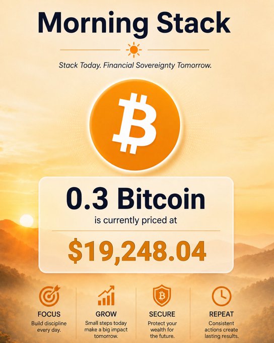 A 'Morning Stack' promotional graphic with the tagline 'Stack Today. Financial Sovereignty Tomorrow.' stating '0.3 Bitcoin is currently priced at $19,248.04', above four icons labeled 'FOCUS', 'GROW', 'SECURE', and 'REPEAT'.
