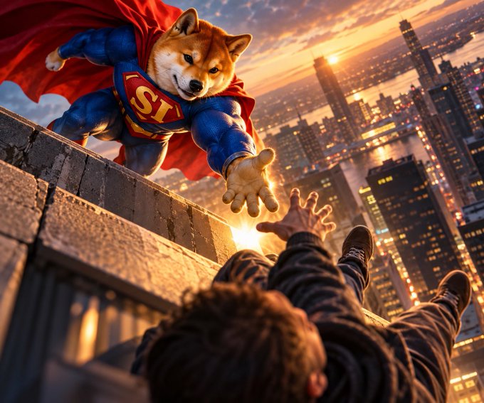A digital artwork depicting a Shiba Inu dog dressed as Superman with a cape and 'S' emblem, reaching out to save a person falling from a building at sunset with a city skyline in the background.