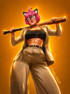 An anime-style illustration of a pink-haired woman with cat ears and glasses holding a baseball bat over her shoulders against an orange background, signed 'omii_designs'.