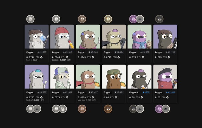 In this image, there are 13 different cartoon animal characters represented with their corresponding names written below them. These characters include a frog wearing a hat, a bear, a cat, and other animals such as a bunny, a raccoon, and more. The post seems to be related to the gaming world or economy, possibly discussing the new collector hub and expanding what it means to be a collector within the Fugz ecosystem. The caption suggests that this is in progress and could potentially be an improvement on the original post given in V2.